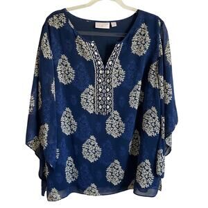 Belle by Kim Gravel Navy Blue Floral Lined Blouse Top - Size Large Feminine